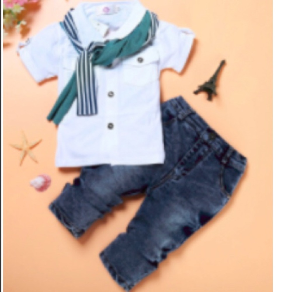 3pcs set collar shirt and jean set with scarf!!